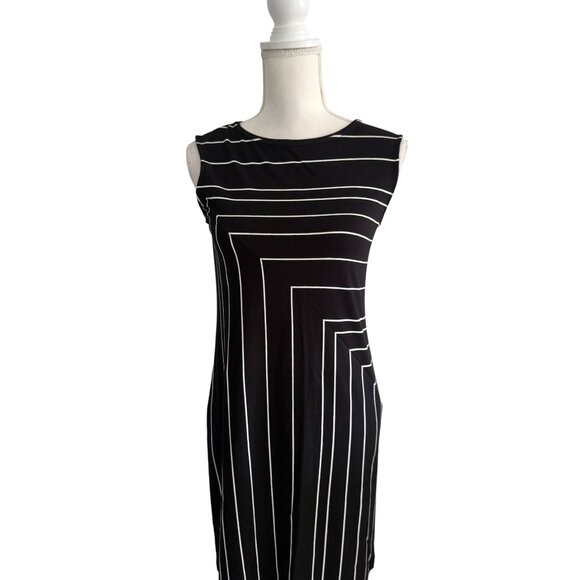 WHITE HOUSE BLACK MARKET WHBM Black White Geometric Everyday Cotton Blend Dress - Picture 3 of 7